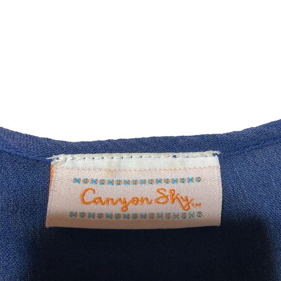 Canyon Sky Top Size 2XL Blue Pull Over Tie String Neck Sleeve Embroidery - Picture 2 of 9